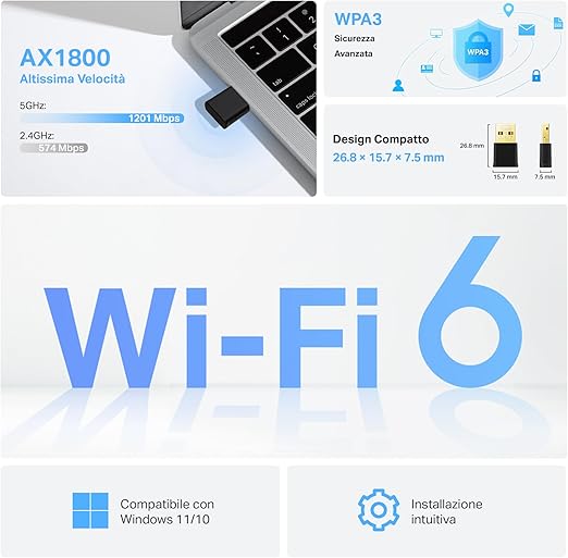 Adattatore Wireless USB 2.0 Wi-Fi 6 AX 1800 MBPS