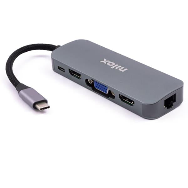 Adattatore Usb-C Maschio a Usb 3.0x3/Usb-C/Hdmix2/Vga/Lan