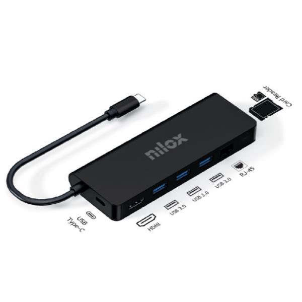 Adattatore Usb-C Maschio a Usb 3.0x3/Usb-C/Hdmi/Card Reader/Lan