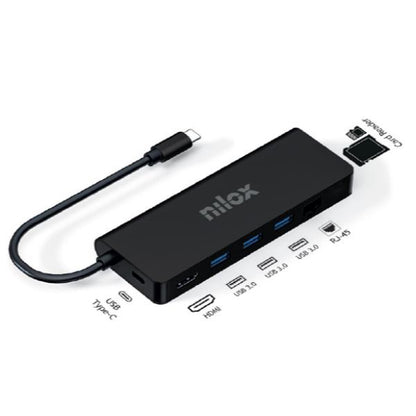 Adattatore Usb-C Maschio a Usb 3.0x3/Usb-C/Hdmi/Card Reader/Lan