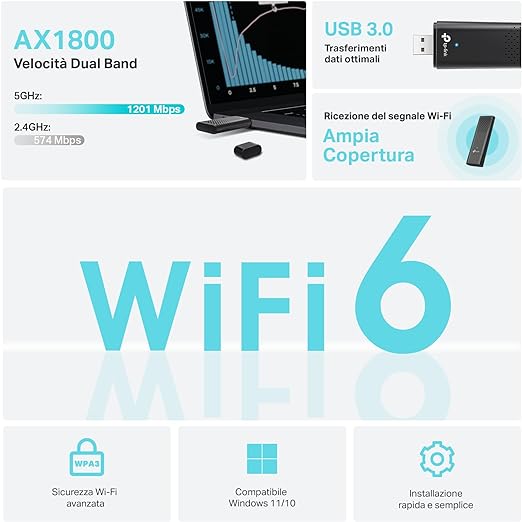 Adattatore Wireless USB 2.0 AX 1800 MBPS Wi-Fi 6