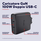Caricatore Rete Dual Usb-C - 100W con Cavo Usb-C 2m universale