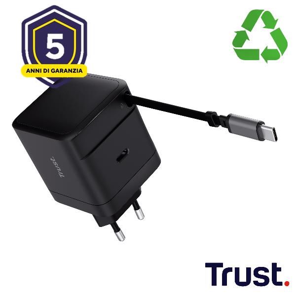 Caricatore Rete Usb-C Retrattile - 65W con Cavo Usb-C 67cm universale