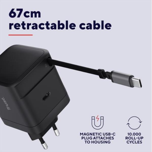 Caricatore Rete Usb-C Retrattile - 65W con Cavo Usb-C 67cm universale